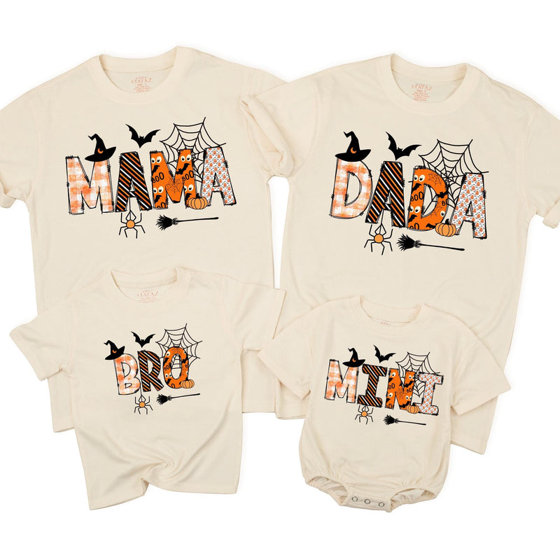 Personalized Halloween Matching Family Shirts with Pumpkin and Spiderweb Design, Custom Mama Daddy Mini Bro Outfits, Soft Cotton Tees