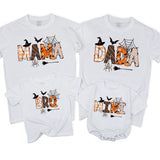 Personalized Halloween Matching Family Shirts with Pumpkin and Spiderweb Design, Custom Mama Daddy Mini Bro Outfits, Soft Cotton Tees