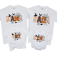 Personalized Halloween Matching Family Shirts with Pumpkin and Spiderweb Design, Custom Mama Daddy Mini Bro Outfits, Soft Cotton Tees