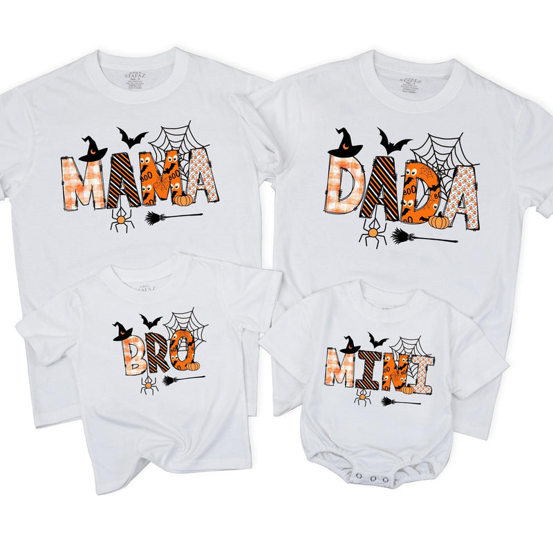 Personalized Halloween Matching Family Shirts with Pumpkin and Spiderweb Design, Custom Mama Daddy Mini Bro Outfits, Soft Cotton Tees