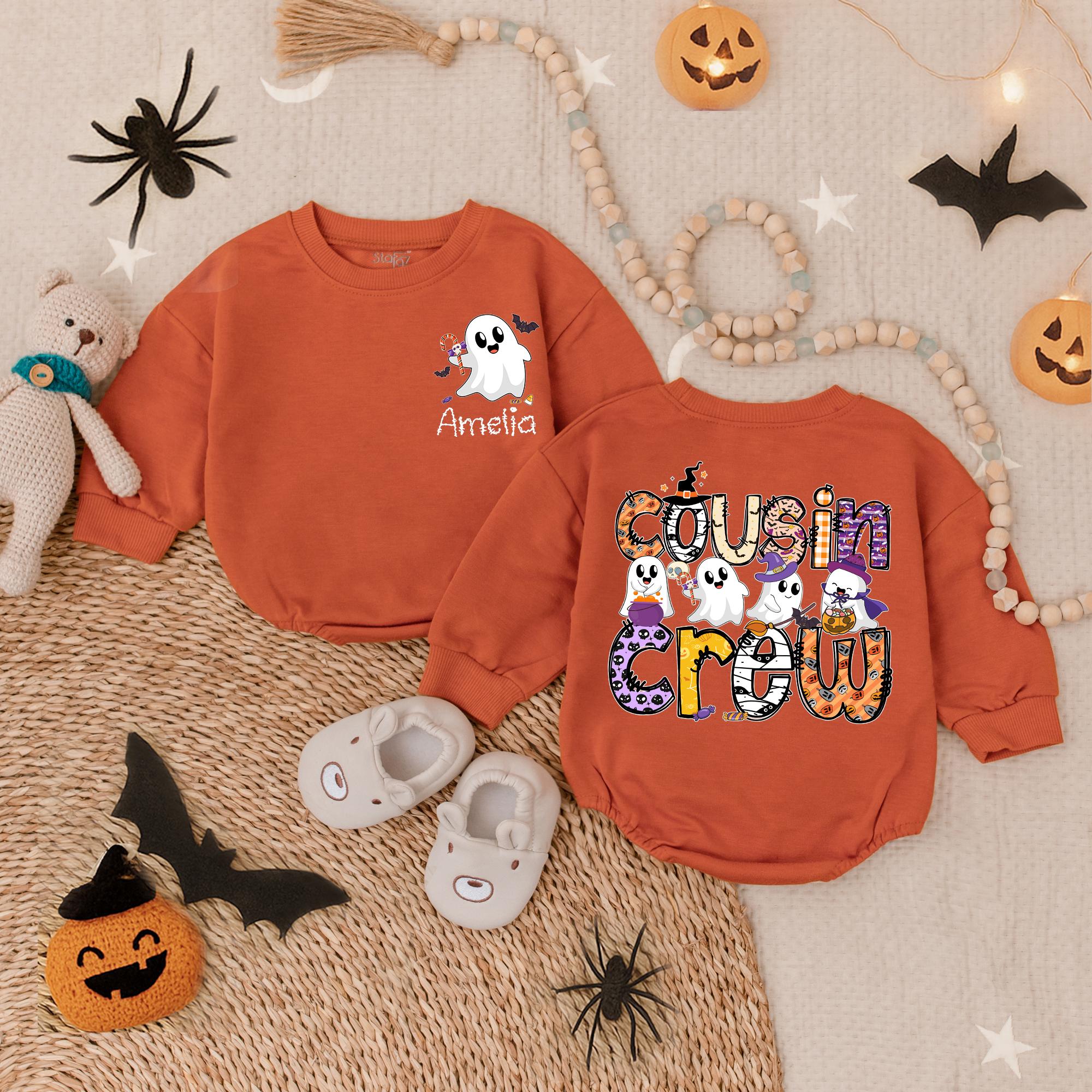 Personalized Halloween Romper with Ghosts Cousin Crew Soft Cotton Outfit Toddler Baby Spooky Party Comfortable Custom Name Design