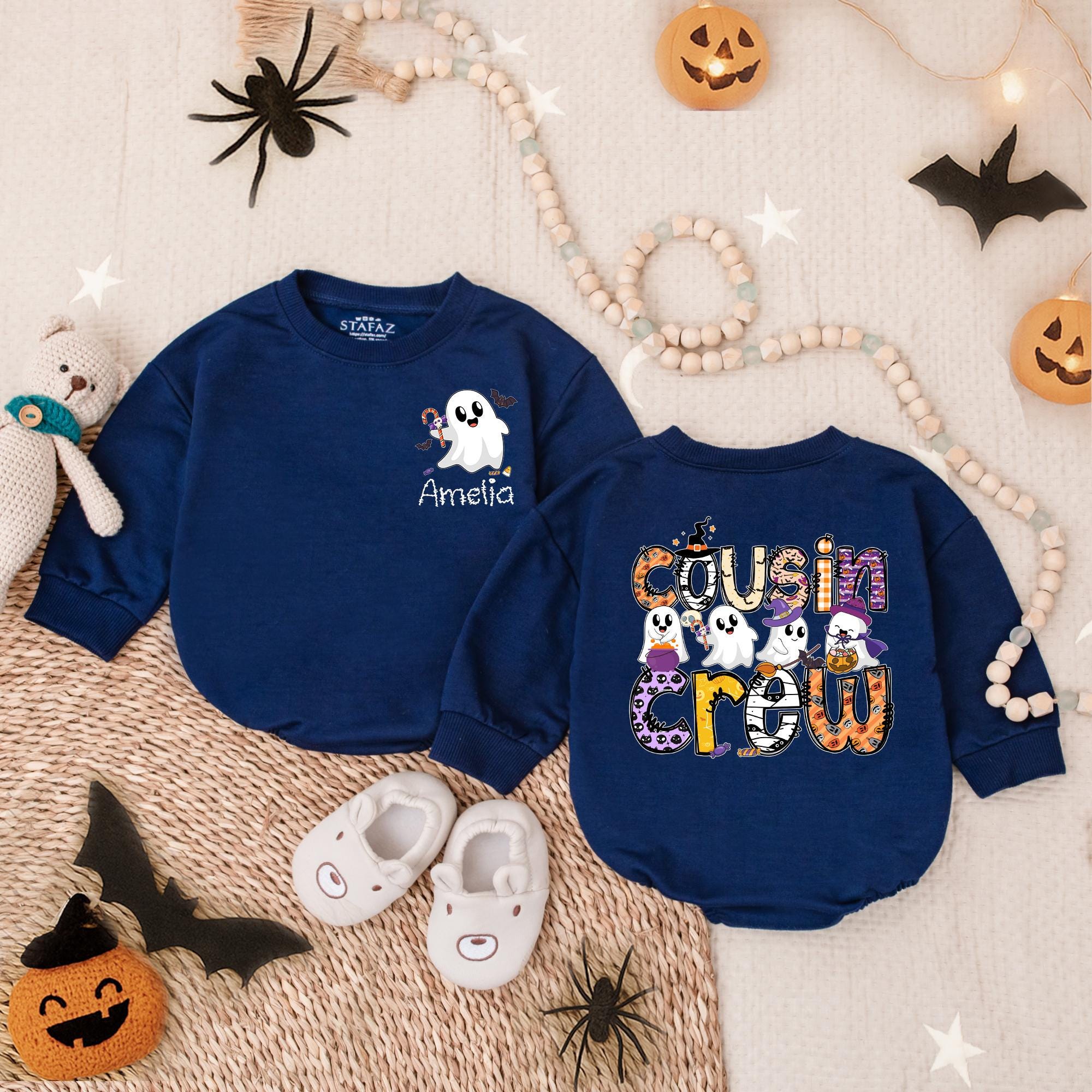 Personalized Halloween Romper with Ghosts Cousin Crew Soft Cotton Outfit Toddler Baby Spooky Party Comfortable Custom Name Design