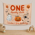 Personalized Halloween Silk Banner with Striped Design for Boy's 1st Birthday Cake Smash, Custom Name, Pumpkin Ghost Spider Artwork