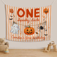 Personalized Halloween Silk Banner with Striped Design for Boy's 1st Birthday Cake Smash, Custom Name, Pumpkin Ghost Spider Artwork