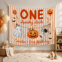Personalized Halloween Silk Banner with Striped Design for Boy's 1st Birthday Cake Smash, Custom Name, Pumpkin Ghost Spider Artwork