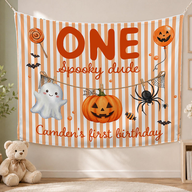 Personalized Halloween Silk Banner with Striped Design for Boy's 1st Birthday Cake Smash, Custom Name, Pumpkin Ghost Spider Artwork