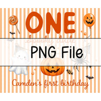 Personalized Halloween Silk Banner with Striped Design for Boy's 1st Birthday Cake Smash, Custom Name, Pumpkin Ghost Spider Artwork