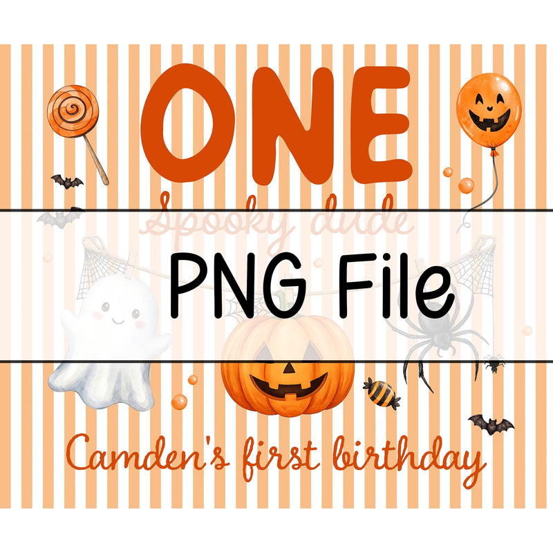 Personalized Halloween Silk Banner with Striped Design for Boy's 1st Birthday Cake Smash, Custom Name, Pumpkin Ghost Spider Artwork