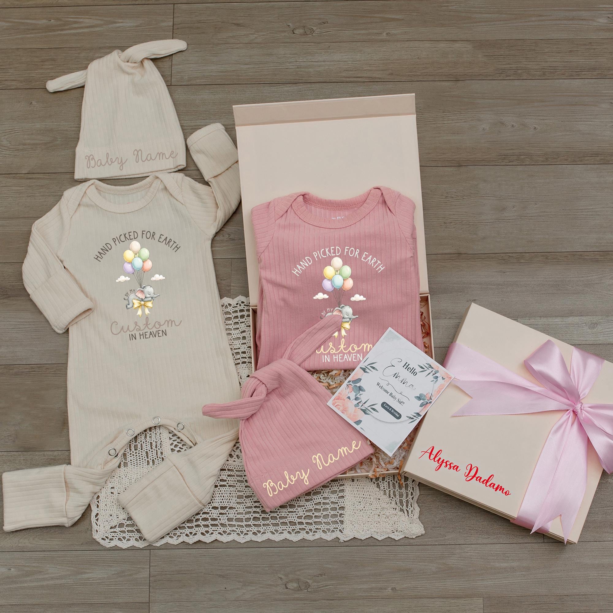 Personalized 'Hand Picked for Earth by My Grandma in Heaven' Baby Bodysuit & Hat Set, Custom Cotton Newborn Romper, Memorial Gift