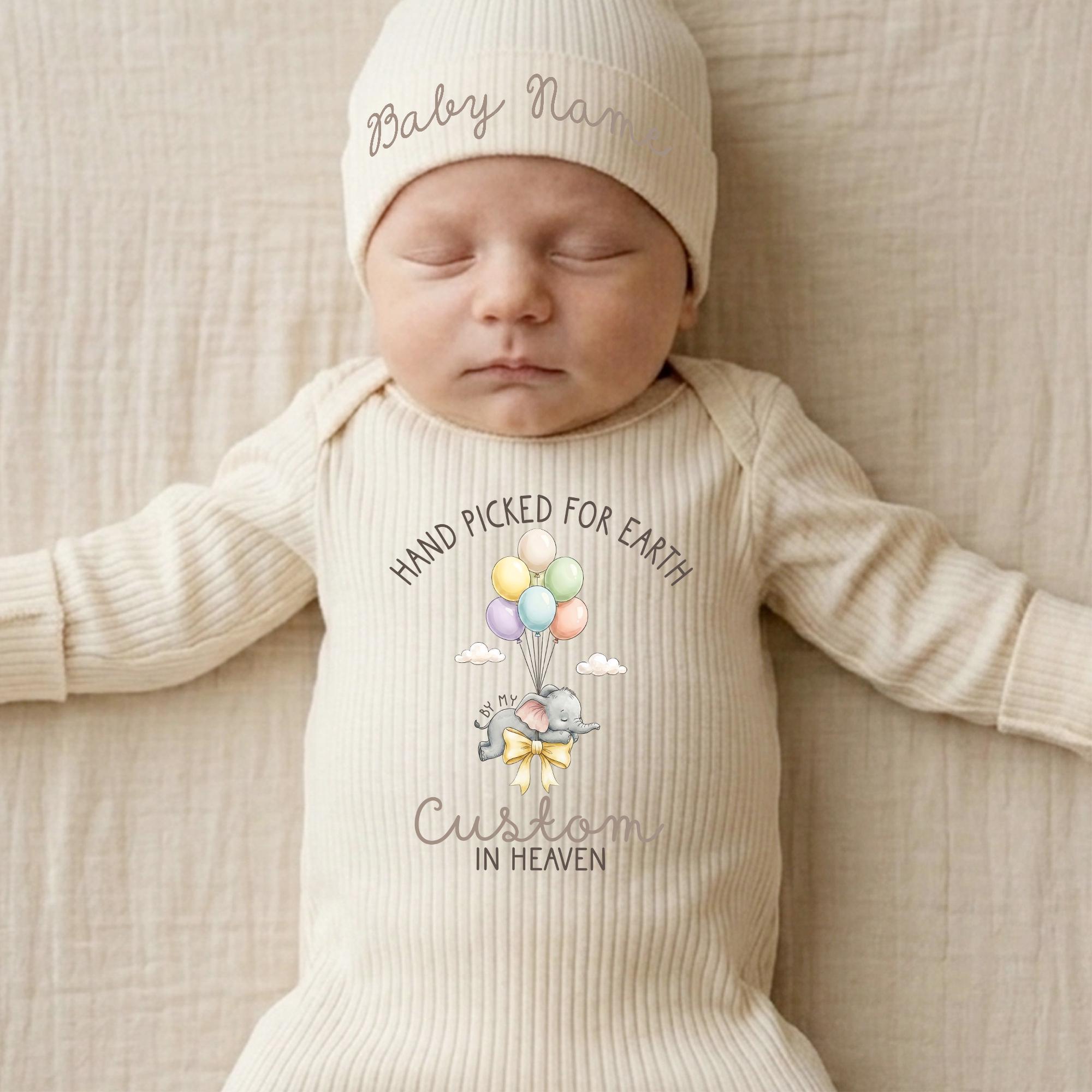Personalized 'Hand Picked for Earth by My Grandma in Heaven' Baby Bodysuit & Hat Set, Custom Cotton Newborn Romper, Memorial Gift