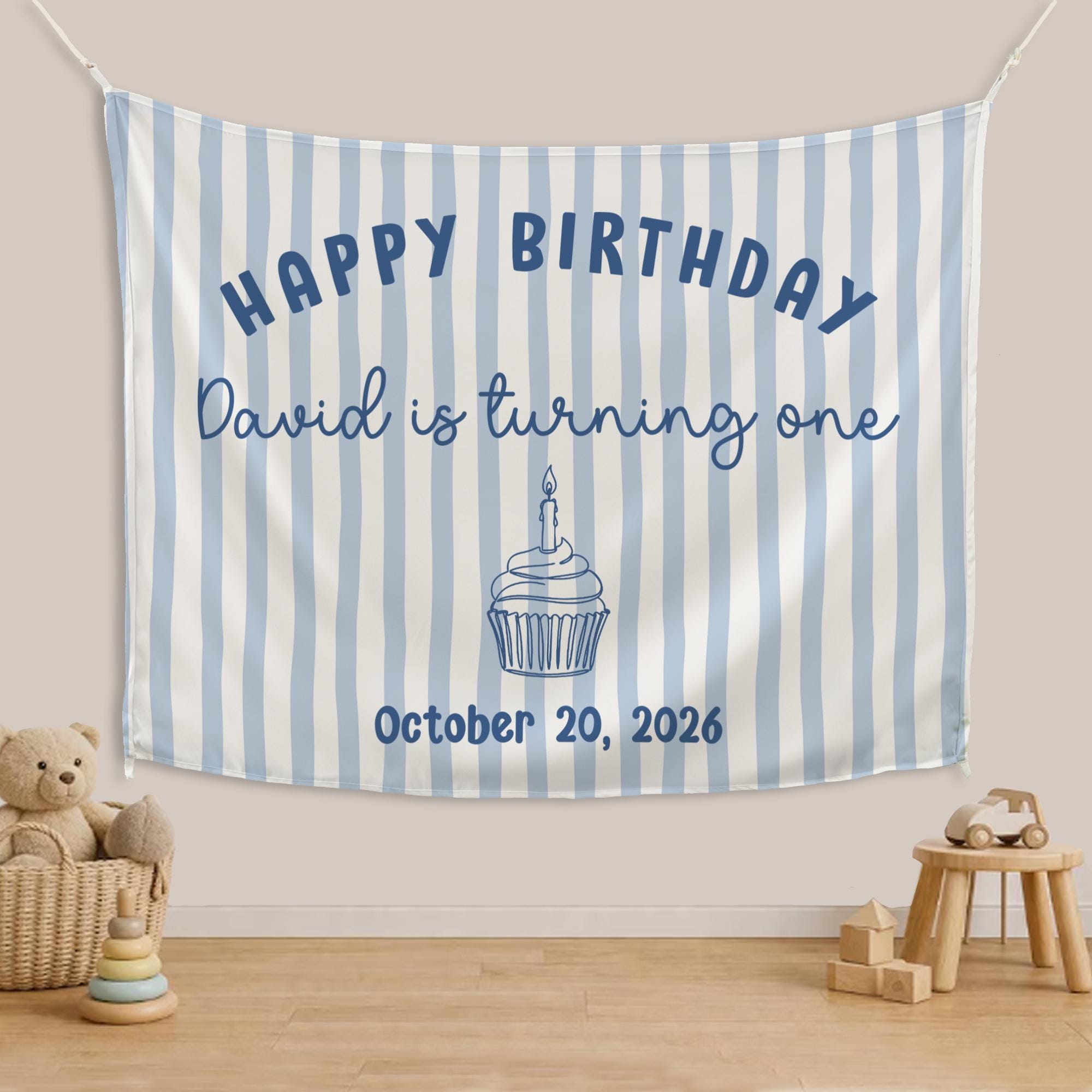 Personalized Happy Birthday Banner for Baby Boy First Birthday with Blue Stripes and Cupcake Design, Custom Name and Date Party Backdrop
