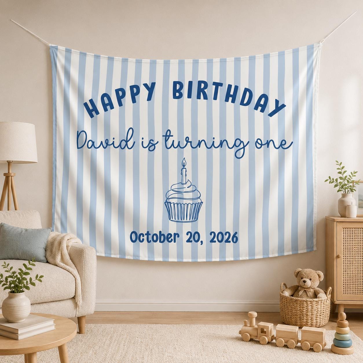Personalized Happy Birthday Banner for Baby Boy First Birthday with Blue Stripes and Cupcake Design, Custom Name and Date Party Backdrop