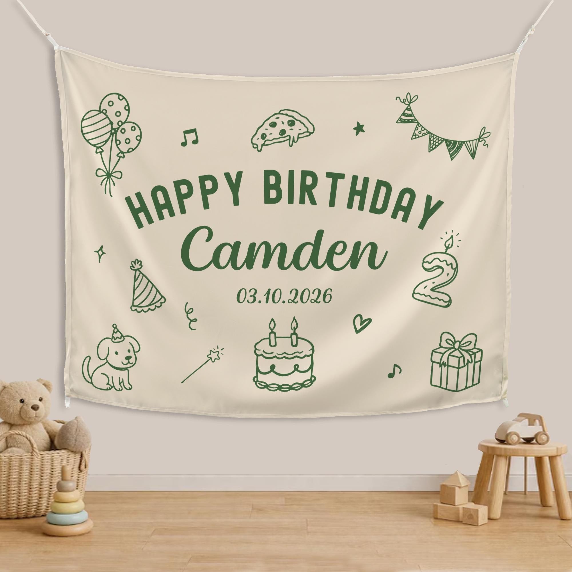 Personalized Happy Birthday Banner with Name and Date, 2nd Birthday Party Backdrop Cream and Green Whimsical Doodle Theme Decor