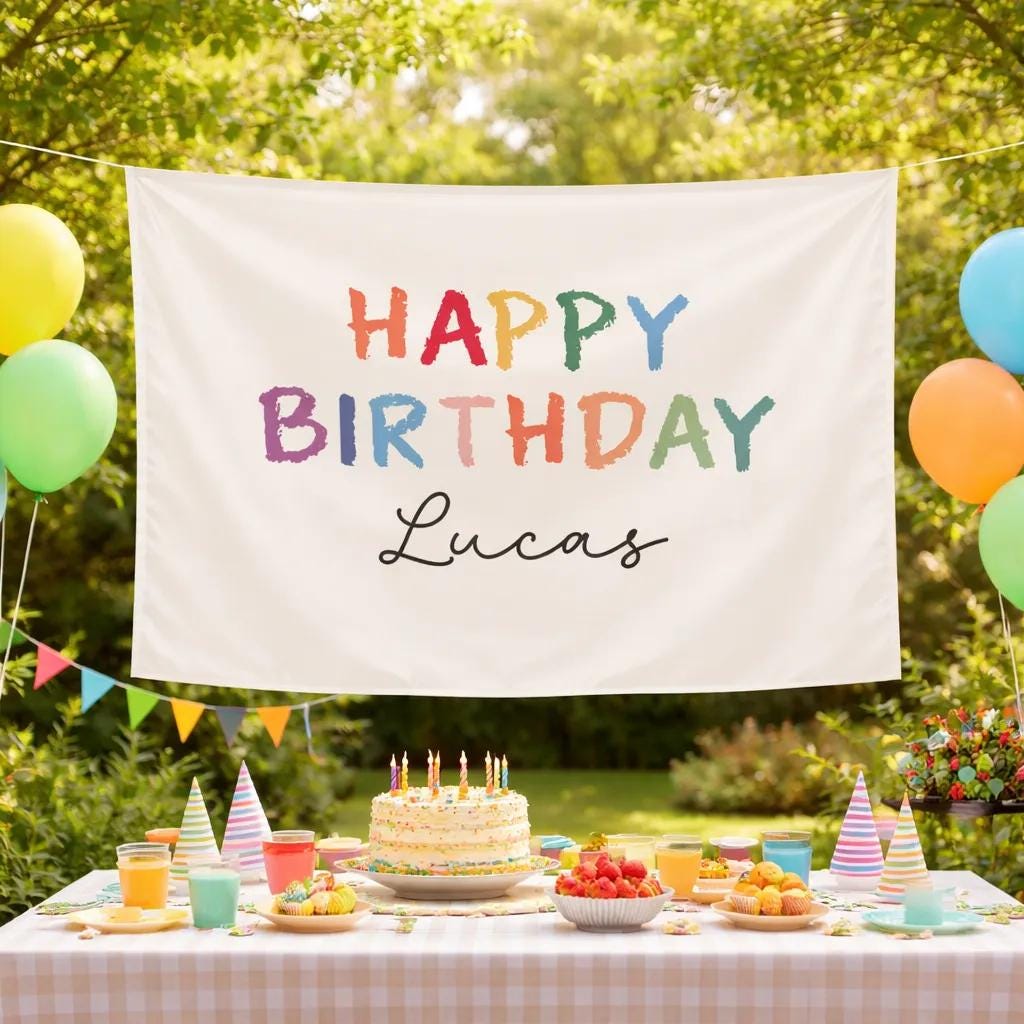 Personalized Happy Birthday Banner with Name Lucas Colorful Brush-Stroke Design Party Backdrop Kids Photo Booth Sign Festive Decor