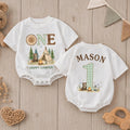 Personalized Happy Camper First Birthday Romper for Baby Boy, Camping Cake Smash Outfit with Cute Bear and Green Gingham Details