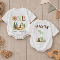 Personalized Happy Camper First Birthday Romper for Baby Boy, Camping Cake Smash Outfit with Cute Bear and Green Gingham Details