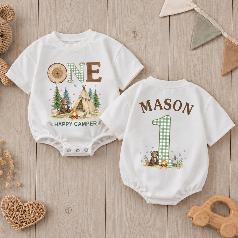Personalized Happy Camper First Birthday Romper for Baby Boy, Camping Cake Smash Outfit with Cute Bear and Green Gingham Details