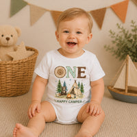 Personalized Happy Camper First Birthday Romper for Baby Boy, Camping Cake Smash Outfit with Cute Bear and Green Gingham Details