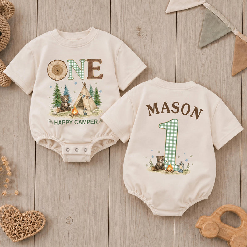 Personalized Happy Camper First Birthday Romper for Baby Boy, Camping Cake Smash Outfit with Cute Bear and Green Gingham Details