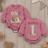 Personalized Happy Camper First Birthday Romper for Baby Boy, Camping Cake Smash Outfit with Cute Bear and Green Gingham Details