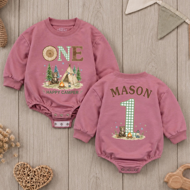 Personalized Happy Camper First Birthday Romper for Baby Boy, Camping Cake Smash Outfit with Cute Bear and Green Gingham Details