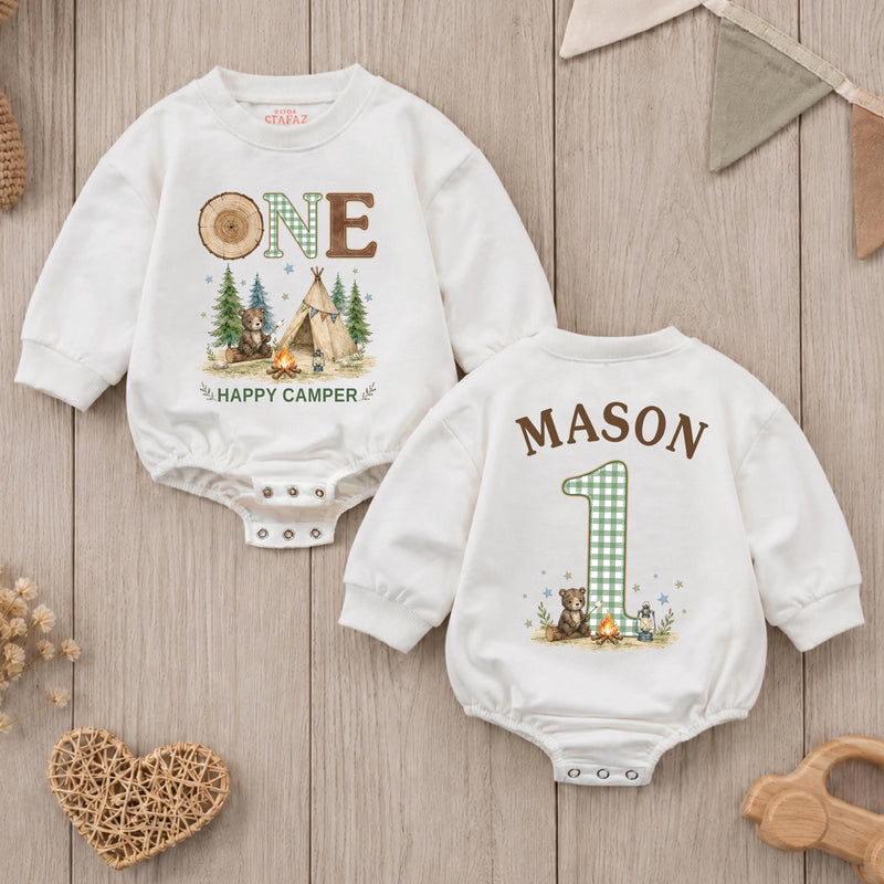 Personalized Happy Camper First Birthday Romper for Baby Boy, Camping Cake Smash Outfit with Cute Bear and Green Gingham Details