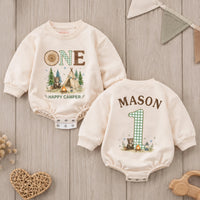 Personalized Happy Camper First Birthday Romper for Baby Boy, Camping Cake Smash Outfit with Cute Bear and Green Gingham Details