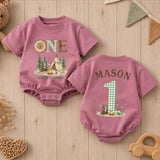 Personalized Happy Camper First Birthday Romper for Baby Boy, Camping Cake Smash Outfit with Cute Bear and Green Gingham Details