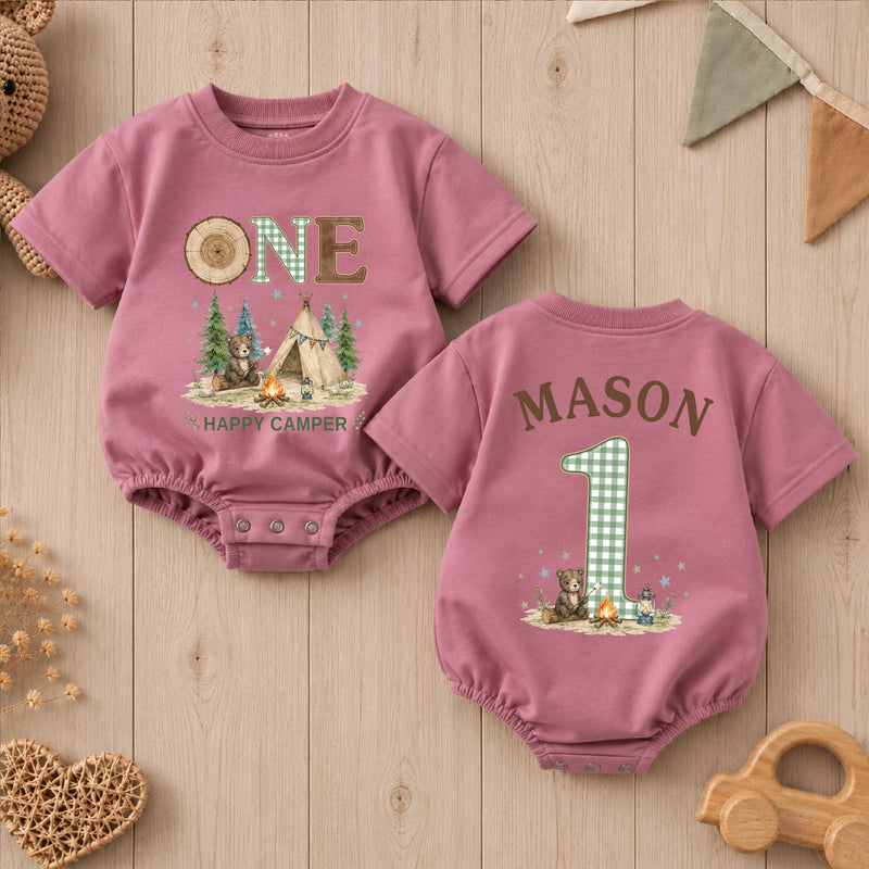 Personalized Happy Camper First Birthday Romper for Baby Boy, Camping Cake Smash Outfit with Cute Bear and Green Gingham Details