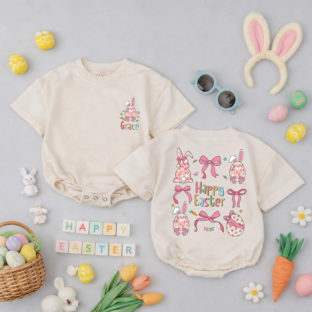Personalized Happy Easter Baby Romper with Floral Bunny Design, Soft Pastel Toddler Outfit, Custom Name Holiday Gift for Kids, Spring Clothes