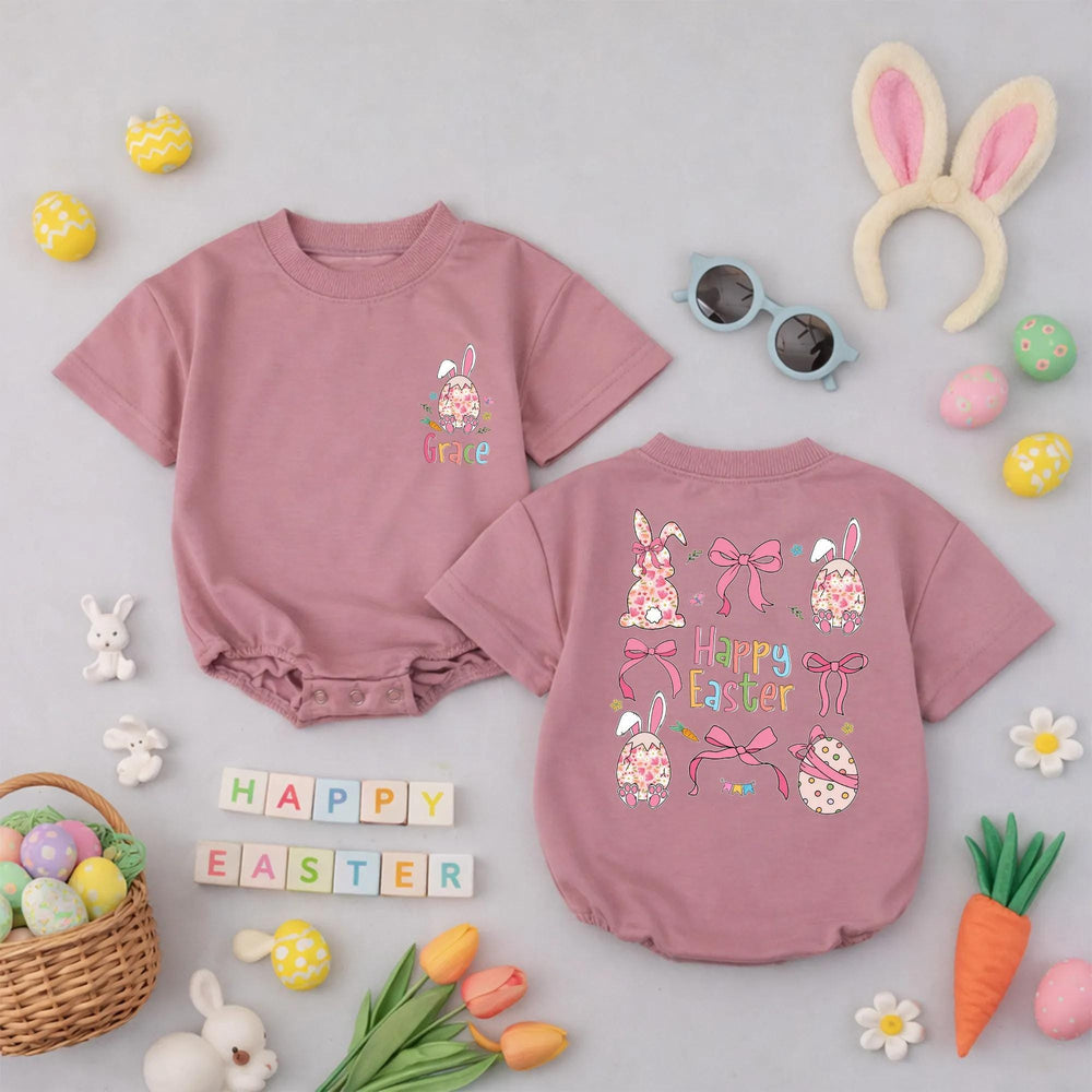 Personalized Happy Easter Baby Romper with Floral Bunny Design, Soft Pastel Toddler Outfit, Custom Name Holiday Gift for Kids, Spring Clothes