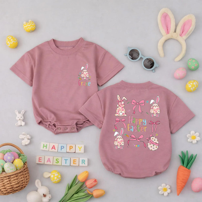 Personalized Happy Easter Baby Romper with Floral Bunny Design, Soft Pastel Toddler Outfit, Custom Name Holiday Gift for Kids, Spring Clothes