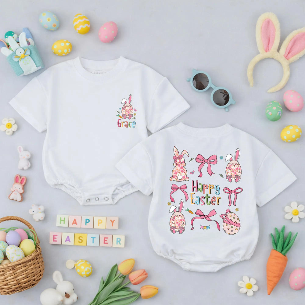 Personalized Happy Easter Baby Romper with Floral Bunny Design, Soft Pastel Toddler Outfit, Custom Name Holiday Gift for Kids, Spring Clothes