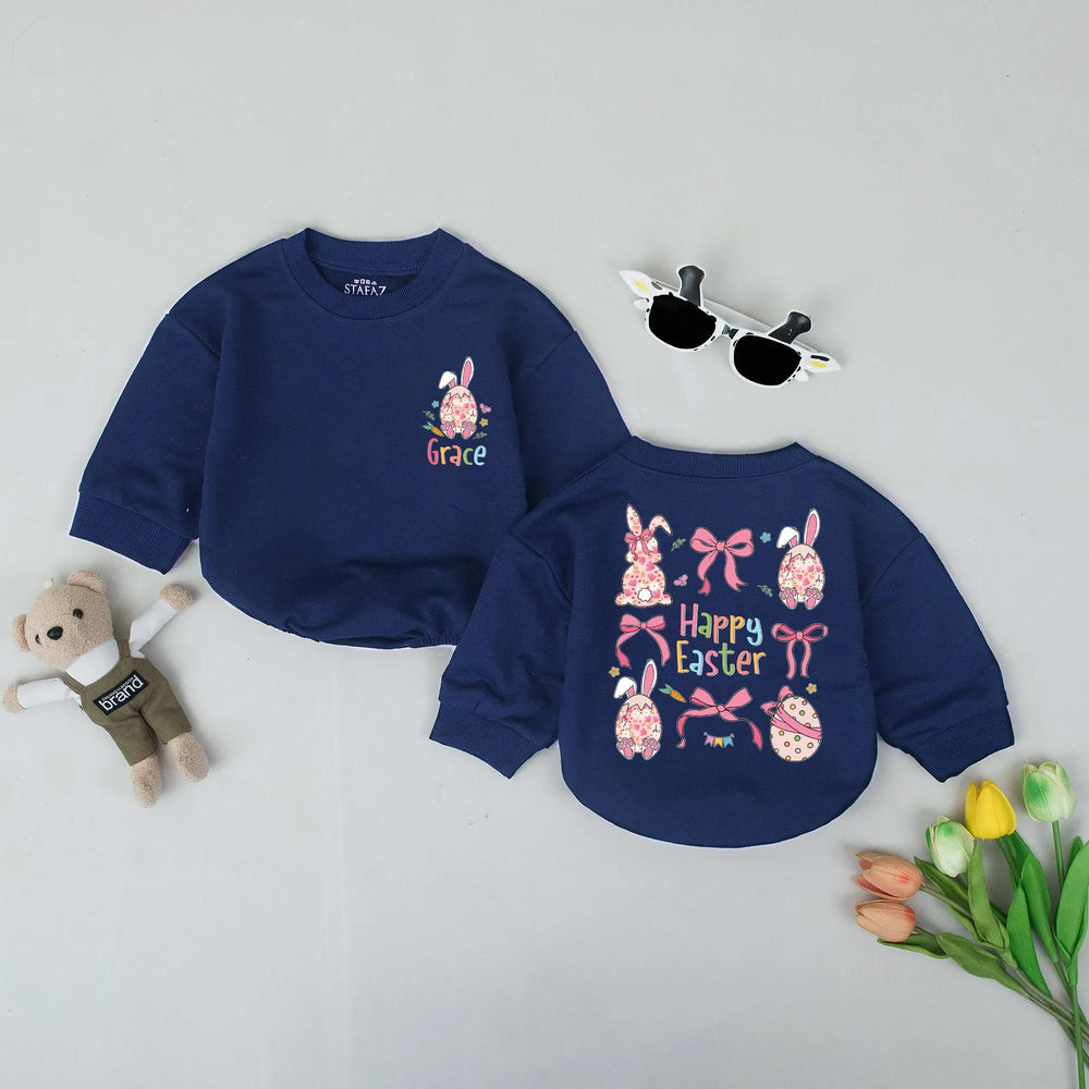 Personalized Happy Easter Baby Romper with Floral Bunny Design, Soft Pastel Toddler Outfit, Custom Name Holiday Gift for Kids, Spring Clothes