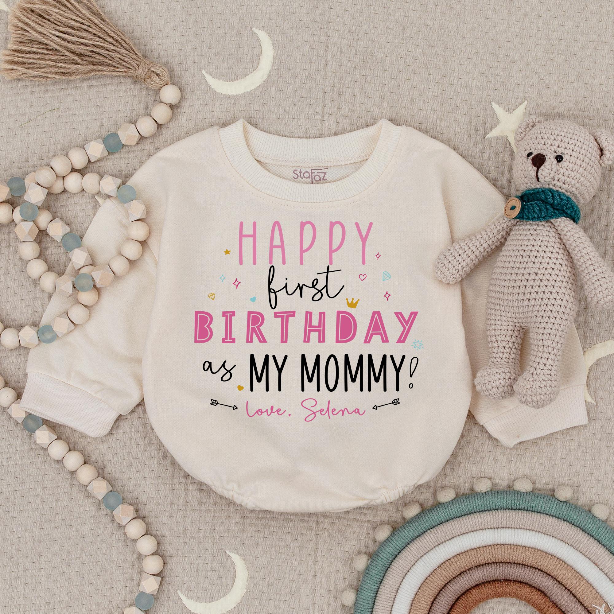 Personalized Happy First Birthday as My Mommy Baby Romper Soft Cotton Outfit for Girls with Pink Pastel Design and Love from Selena