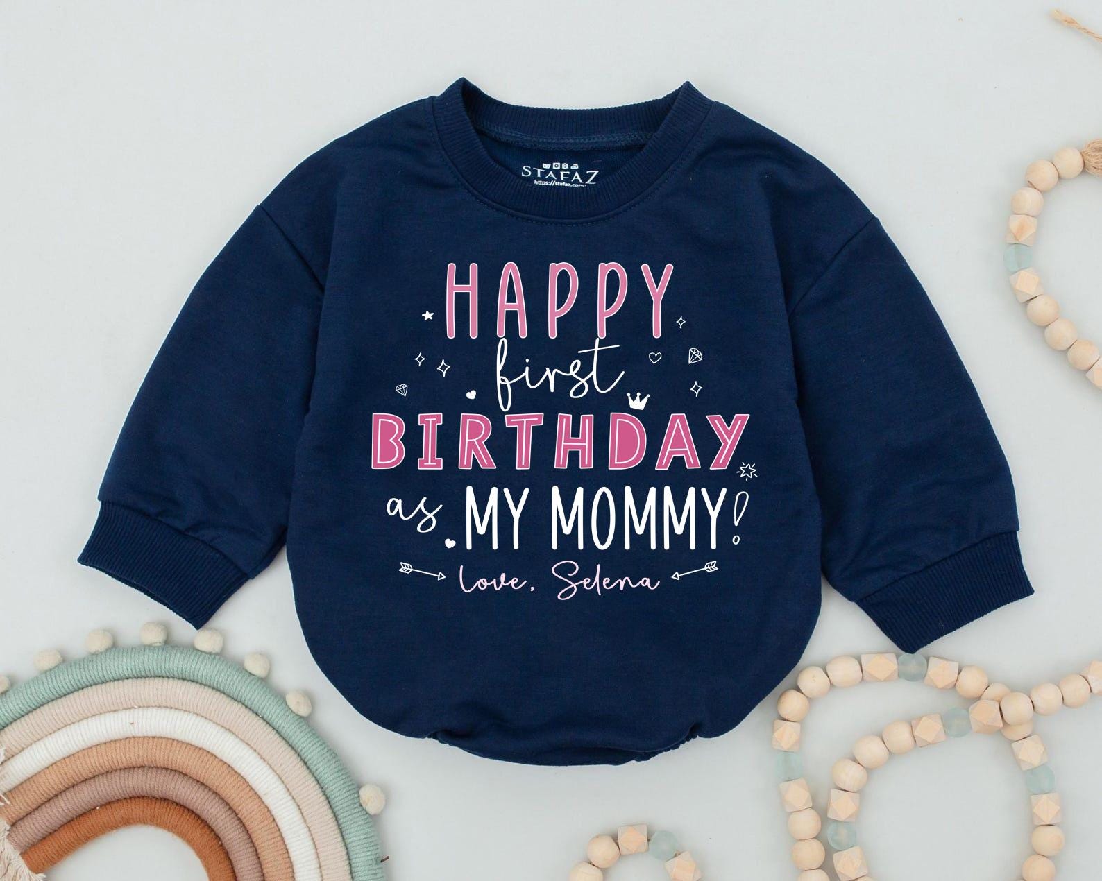 Personalized Happy First Birthday as My Mommy Baby Romper Soft Cotton Outfit for Girls with Pink Pastel Design and Love from Selena