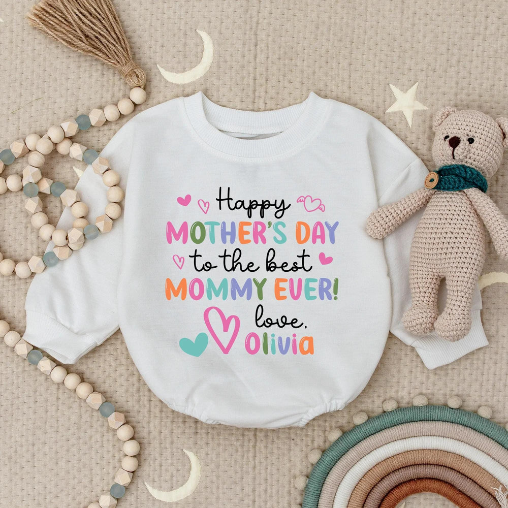 Personalized Happy Mother's Day Baby Romper with Custom Name, Soft Cotton Bodysuit, Whimsical Pastel Colors, Sweet Holiday Gift for Mommy