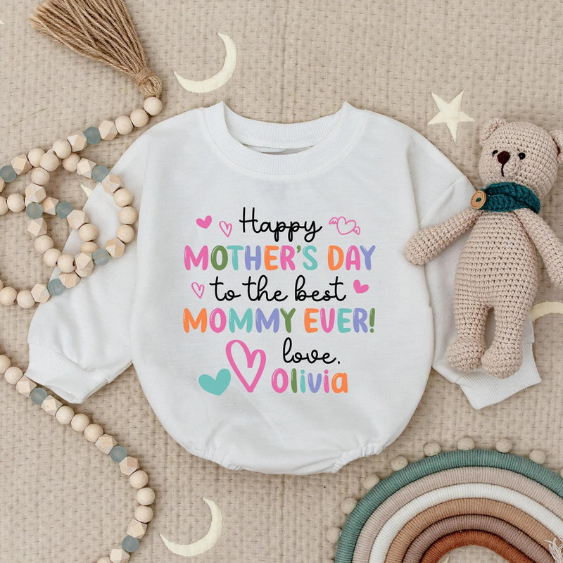 Personalized Happy Mother's Day Baby Romper with Custom Name, Soft Cotton Bodysuit, Whimsical Pastel Colors, Sweet Holiday Gift for Mommy