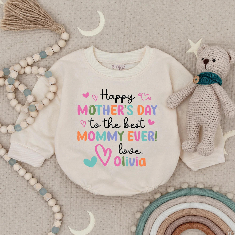 Personalized Happy Mother's Day Baby Romper with Custom Name, Soft Cotton Bodysuit, Whimsical Pastel Colors, Sweet Holiday Gift for Mommy