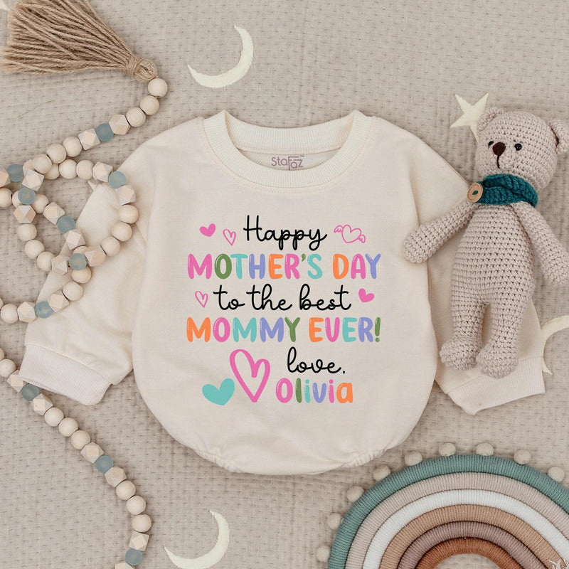Personalized Happy Mother's Day Baby Romper with Custom Name, Soft Cotton Bodysuit, Whimsical Pastel Colors, Sweet Holiday Gift for Mommy