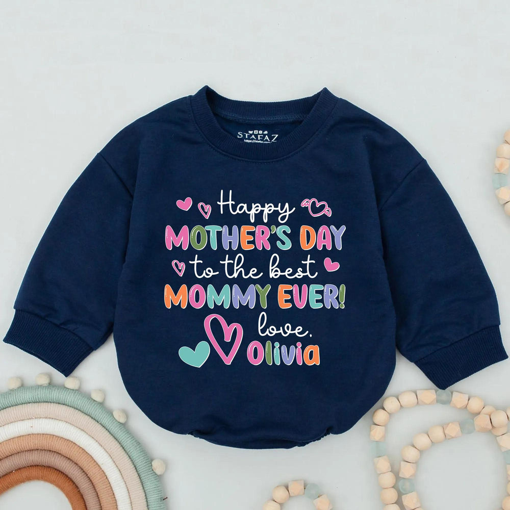 Personalized Happy Mother's Day Baby Romper with Custom Name, Soft Cotton Bodysuit, Whimsical Pastel Colors, Sweet Holiday Gift for Mommy
