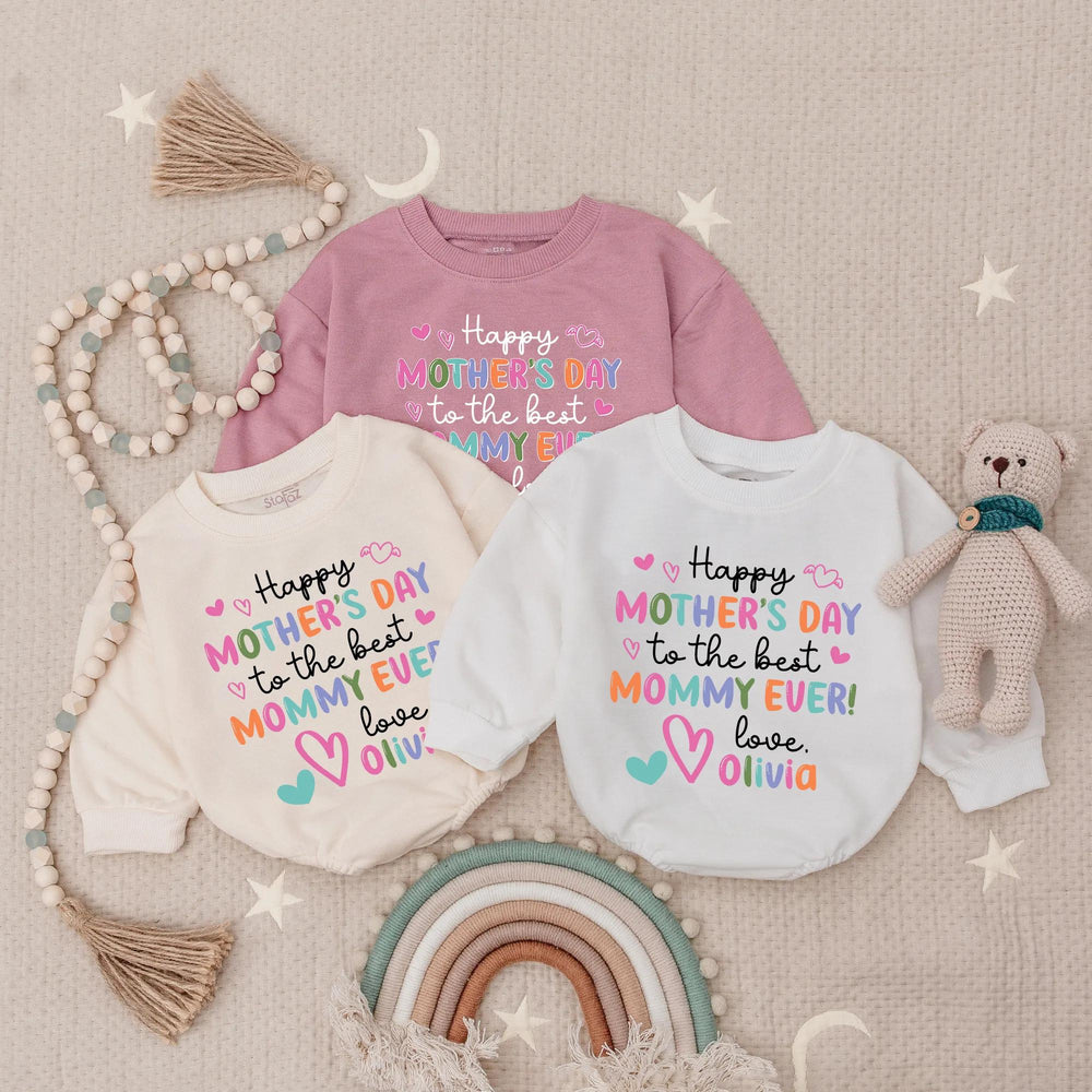 Personalized Happy Mother's Day Baby Romper with Custom Name, Soft Cotton Bodysuit, Whimsical Pastel Colors, Sweet Holiday Gift for Mommy
