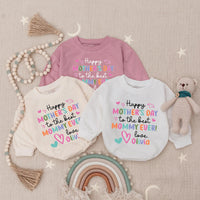 Personalized Happy Mother's Day Baby Romper with Custom Name, Soft Cotton Bodysuit, Whimsical Pastel Colors, Sweet Holiday Gift for Mommy