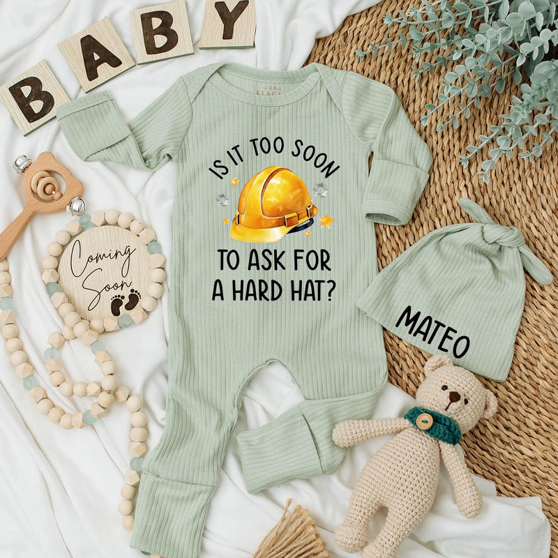 Personalized Hard Hat Baby Bodysuit Funny Construction Outfit Newborn Boys Gift for Builder Family Coming Home Clothes Yellow Design