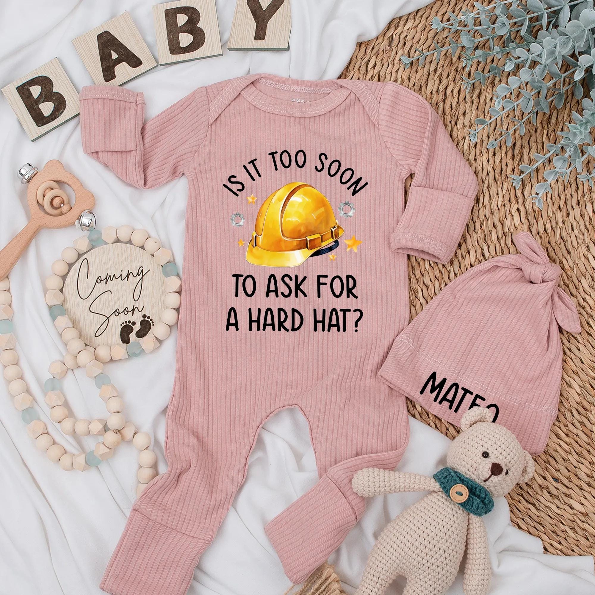 Personalized Hard Hat Baby Bodysuit Funny Construction Outfit Newborn Boys Gift for Builder Family Coming Home Clothes Yellow Design
