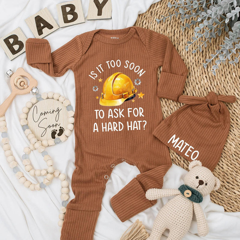 Personalized Hard Hat Baby Bodysuit Funny Construction Outfit Newborn Boys Gift for Builder Family Coming Home Clothes Yellow Design