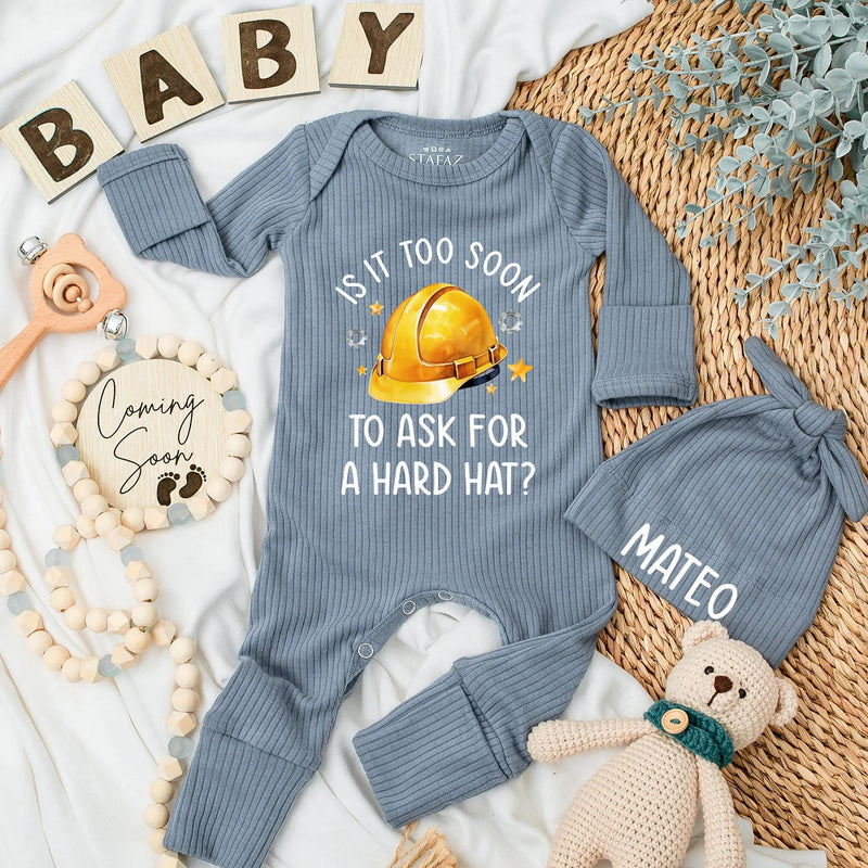 Personalized Hard Hat Baby Bodysuit Funny Construction Outfit Newborn Boys Gift for Builder Family Coming Home Clothes Yellow Design