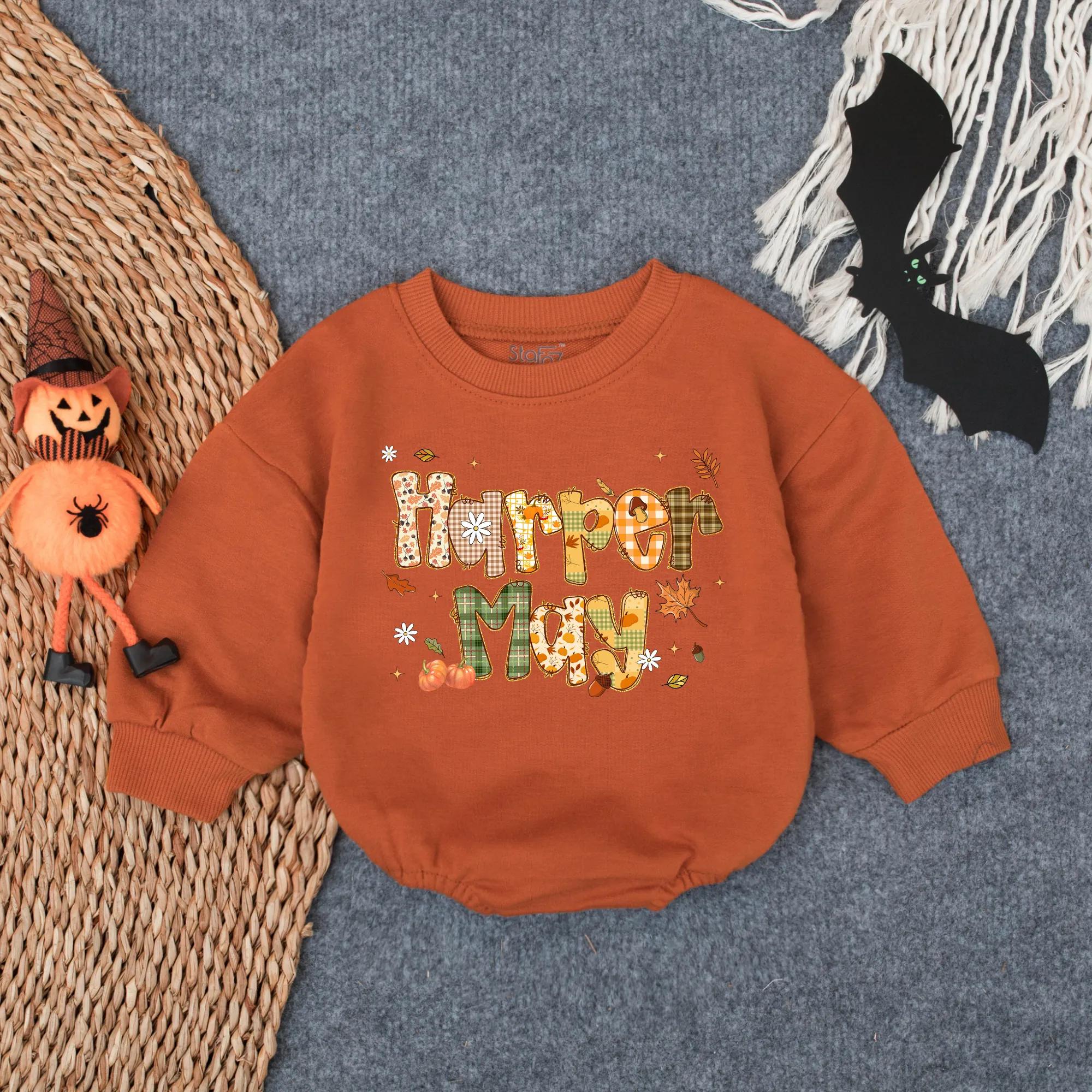 Personalized Harper May Thanksgiving Bubble Romper Baby Girl Outfit Autumn Soft Cotton Apparel First Turkey Day Gift