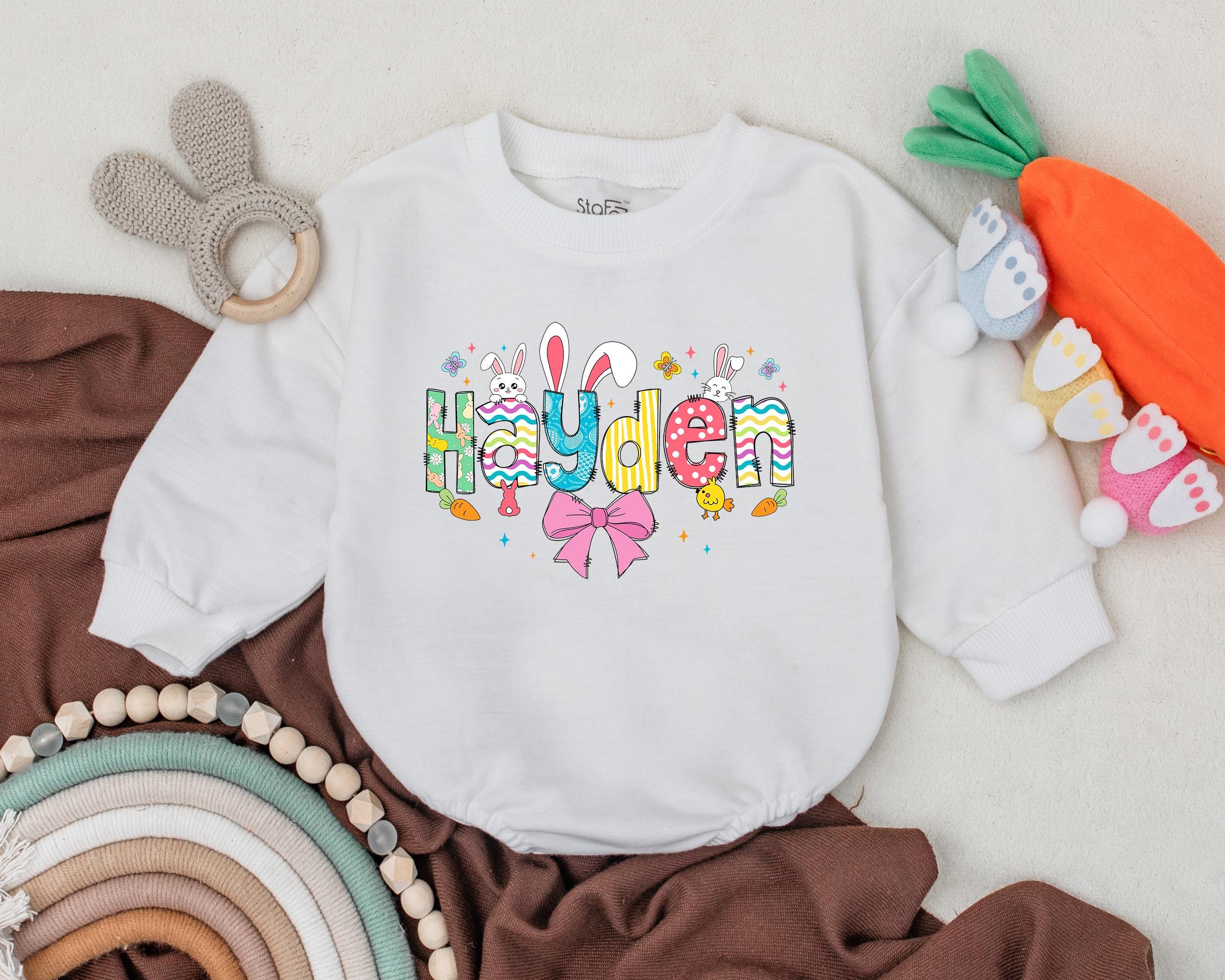 Personalized Hayden Easter Baby Romper Colorful Bunny and Egg Design Spring Outfit Infant Gift Soft Cotton Bodysuit for Boys and Girls