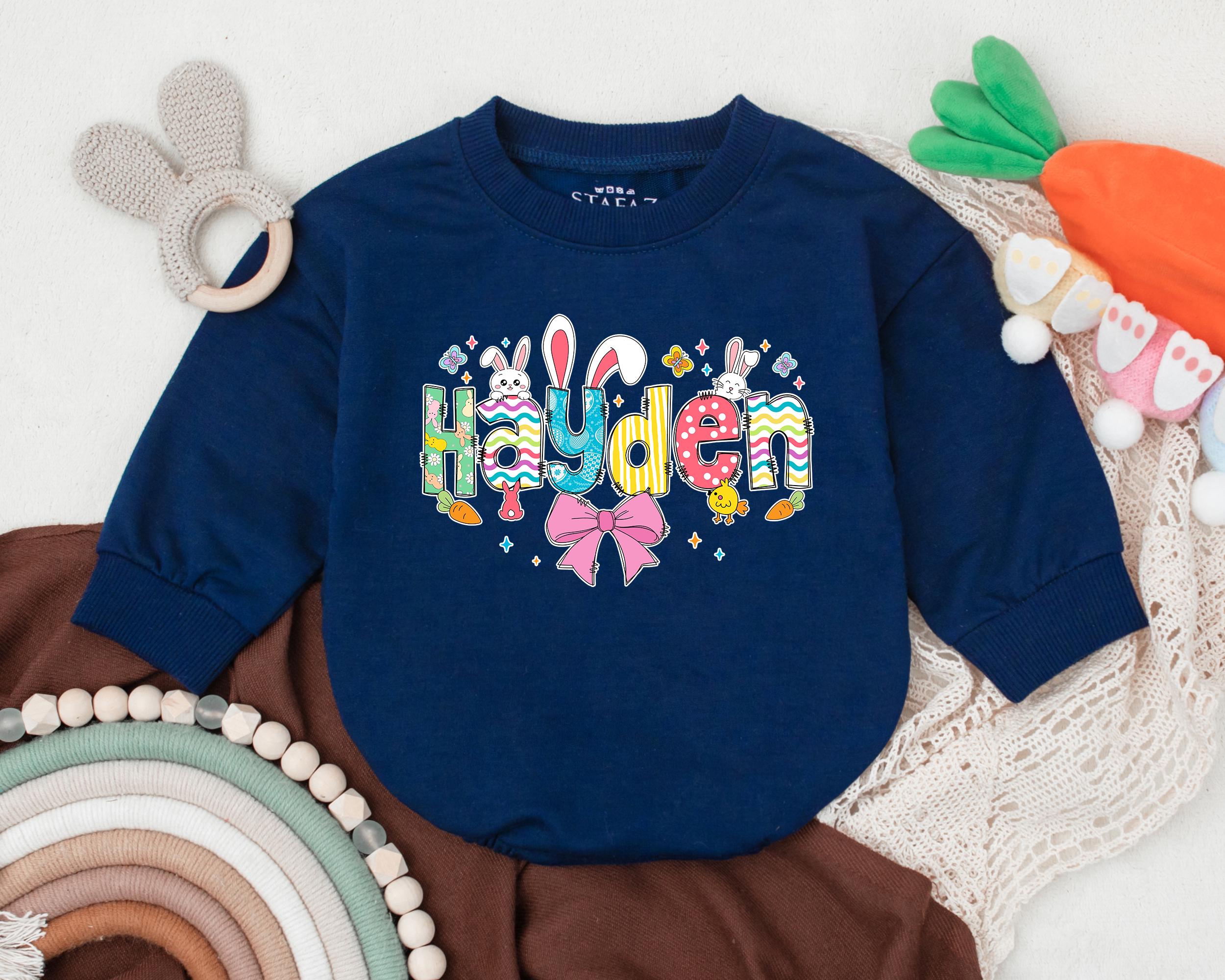 Personalized Hayden Easter Baby Romper Colorful Bunny and Egg Design Spring Outfit Infant Gift Soft Cotton Bodysuit for Boys and Girls